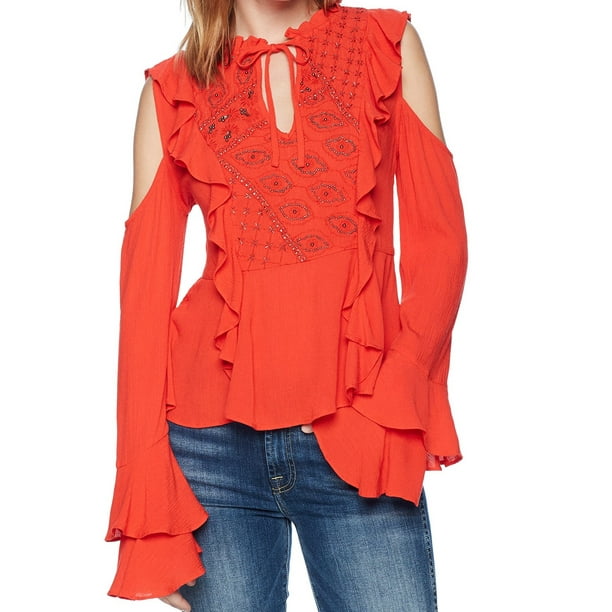 Cold Shoulder Ruffle Shirt Red Cold Shoulder Ruffle Shirt Red